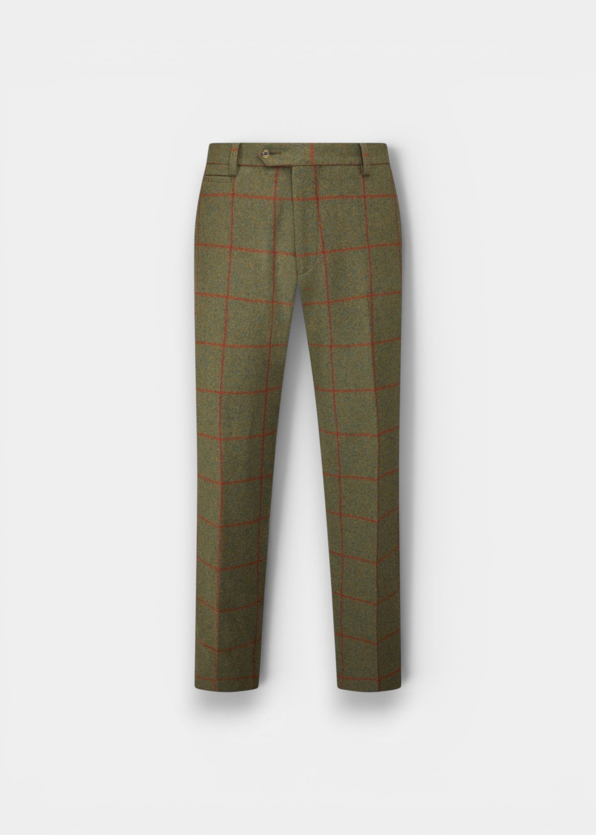 Combrook men’s reed tweed water repellent trousers, regular fit, flat front with red windowpane check on white background.