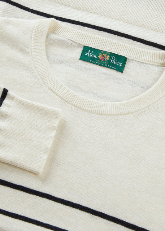 Ladies Cotton Cashmere Crew Neck Jumper in Cream and Brown