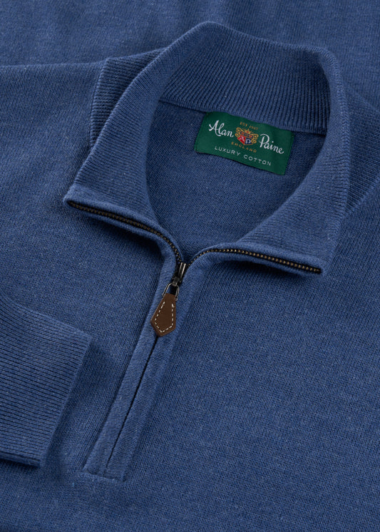 Mens Cotton Cashmere Quarter Zip Jumper in Indigo
