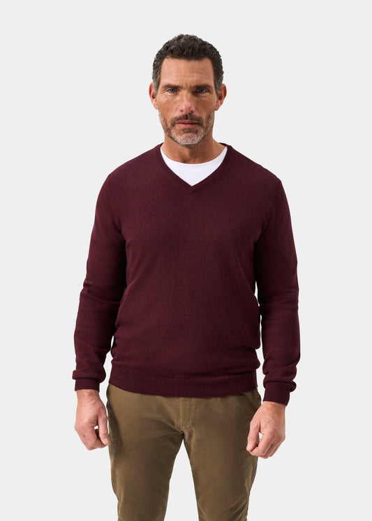 Men's Cotton Cashmere Vee Neck Jumper in Purple