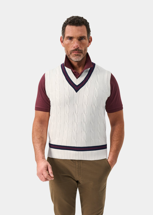 Men's Cotton Vee Neck Slipover Cricket Junper in White and Red