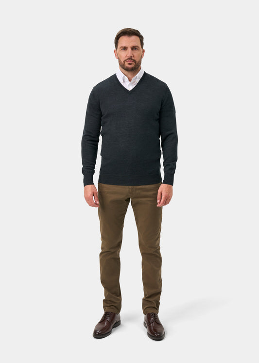 Millbreck Merino Wool Vee Neck Jumper In Charcoal - Regular Fit