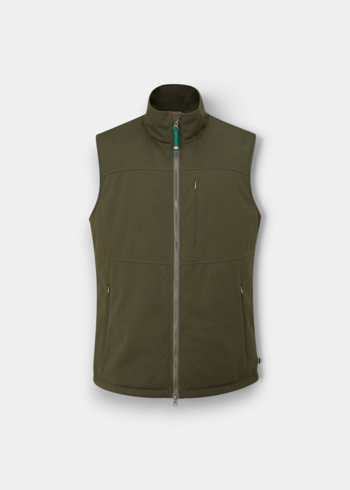 Men's olive wind stopper gilet with zip pockets and a high collar on a grey background.