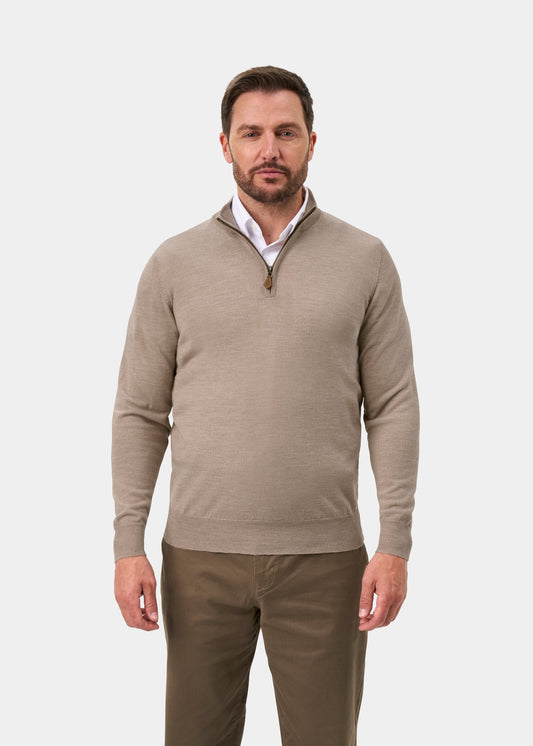 Barton Merino Wool Quarter Zip Jumper In Cobble - Regular Fit