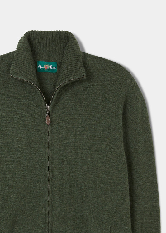Ballater Lambswool Zip Mock Neck Jumper in Rosemary, shown partially unzipped against a plain background.