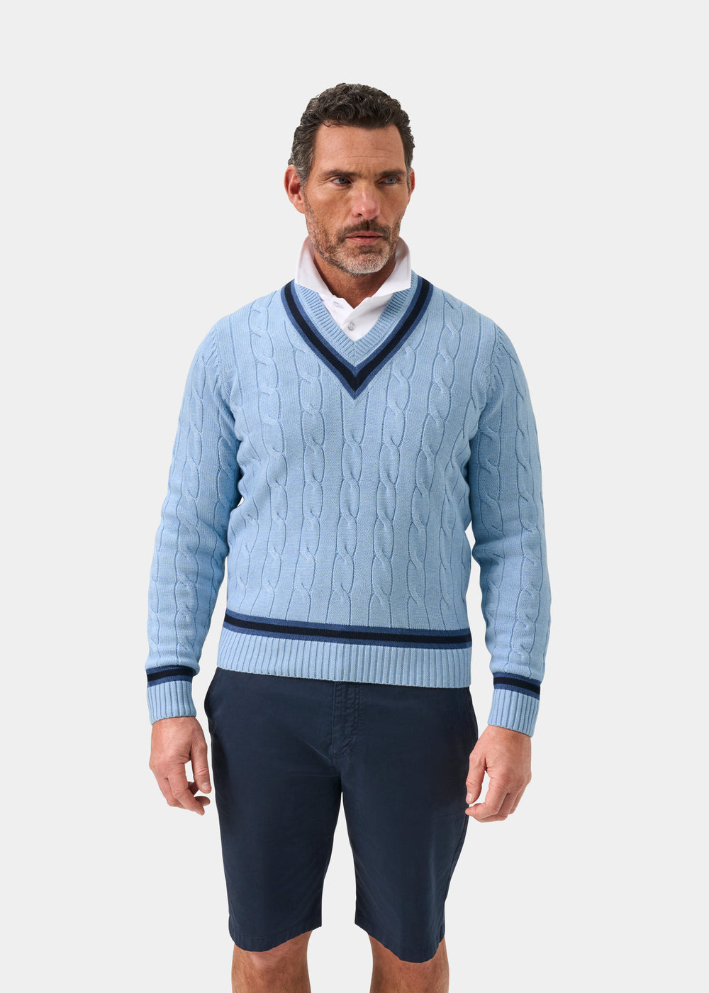 Sandridge Cable Knit Cricket Jumper In Steel Blue and Dark Navy