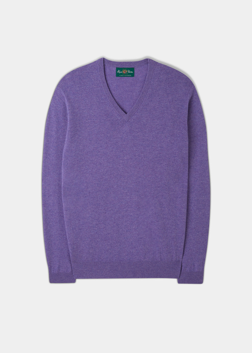 Haddington Pure Cashmere Vee Neck Jumper in Heliotrope, regular fit, with long sleeves shown on white background.