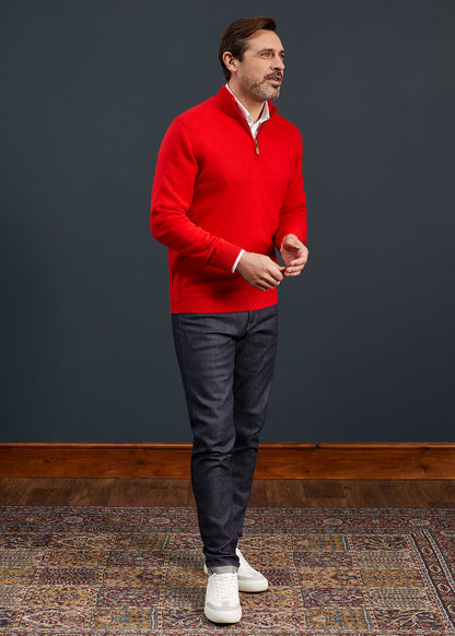 Men's Lambswool 1/4 Zip Jumper in Tartan Scarlet