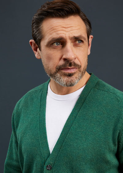 Men's Lambswool Cardigan in Forest 