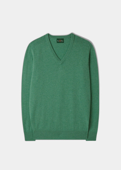 Men's Lambswool Vee Neck Jumper in Munsell Green