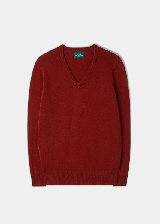 Men's Lambswool Vee Neck Jumper in Oxblood