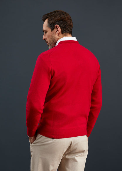 Men's Geelong Lambswool Vee Neck Jumper in Raspberry