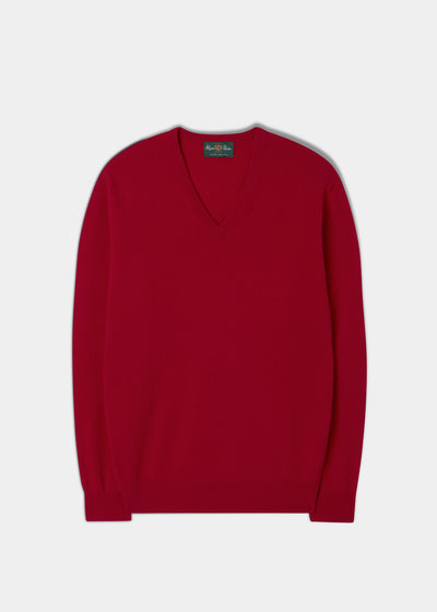 Men's Geelong Lambswool Vee Neck Jumper in Raspberry