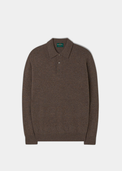 Men's Geelong Lambswool Long Sleeve Polo Shirt in Tobacco