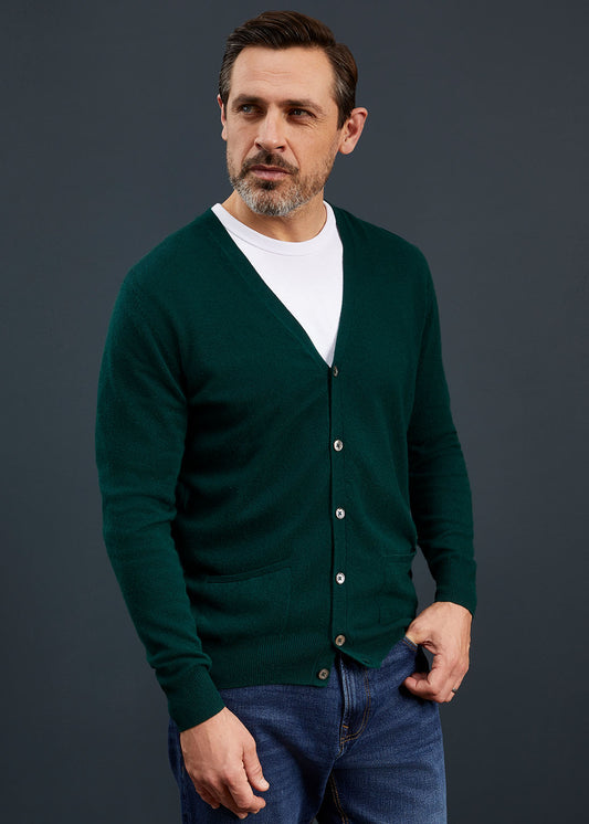 Men's Geelong Lambswool Cardigan in Dark Olive