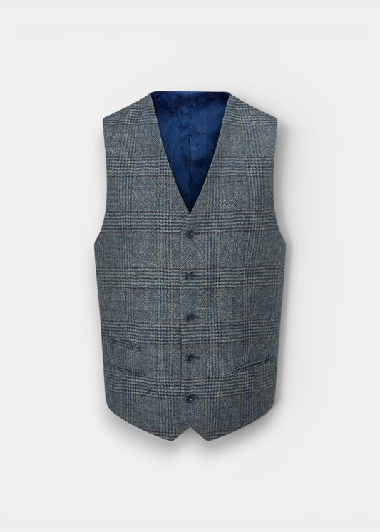 Surrey Men's Tweed Water Repellent Lined Waistcoat in Blue Check  -  Regular Fit