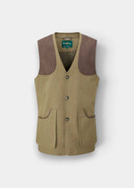 Axford Men’s Aspen waistcoat: tan, brown shoulders, cotton, 3 buttons, 2 flap pockets, green label inside.