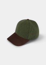Alan Paine Combrook men's tweed baseball cap in mariner green wool with a contrasting brown suedette peak