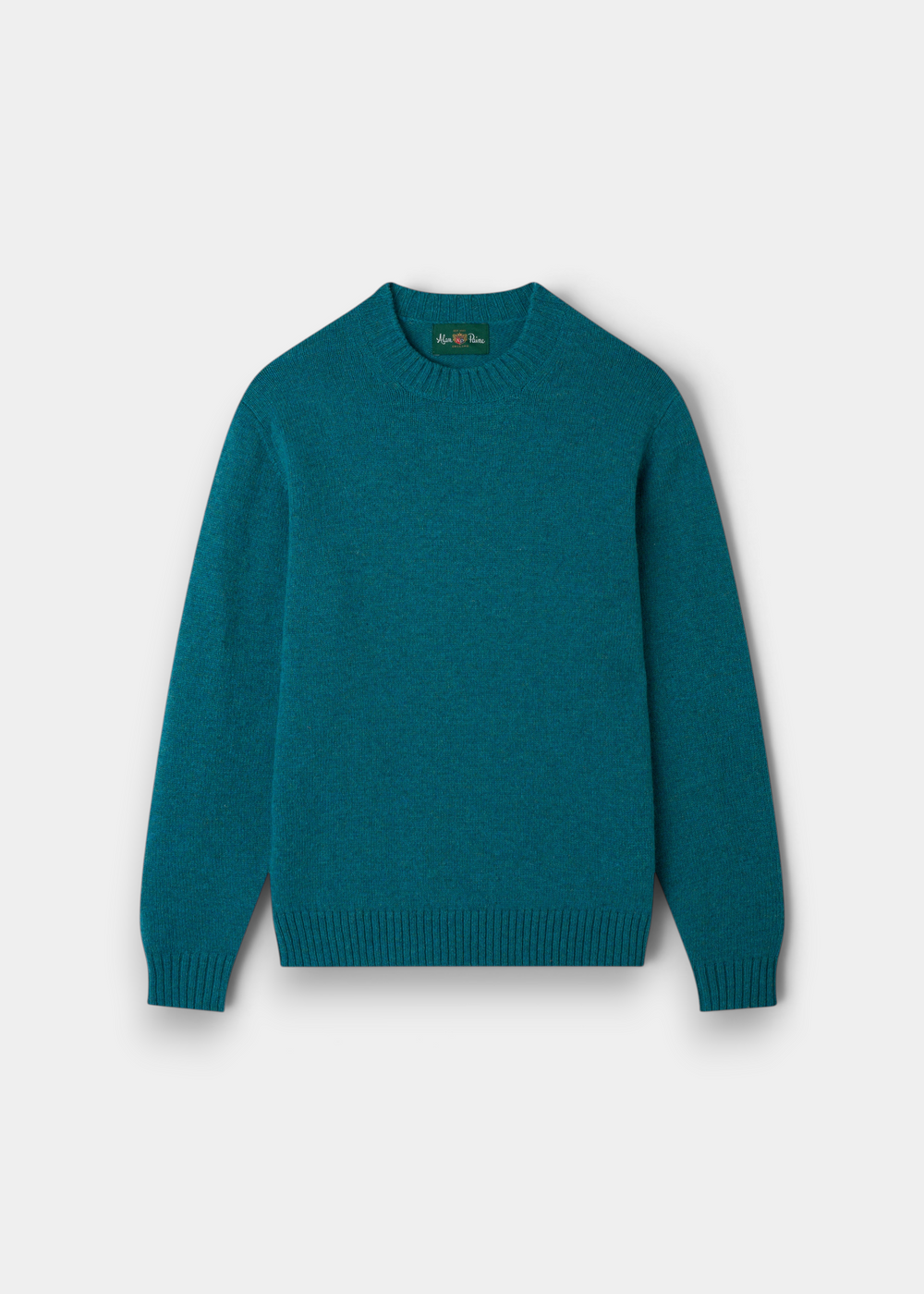 Alan Paine Kinnadie larkspur blue supersoft Shetland wool crew neck jumper with long sleeves and ribbed trim