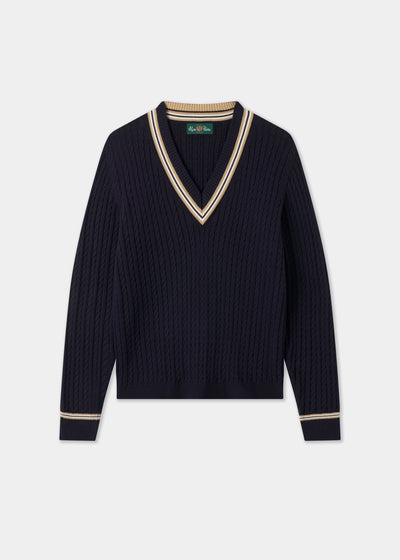 Ladies Cotton Cable Knit Cricket Jumper in Navy