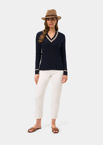 Ladies Cotton Cable Knit Cricket Jumper in Navy