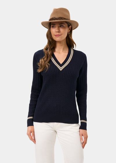 Ladies Cotton Cable Knit Cricket Jumper in Navy