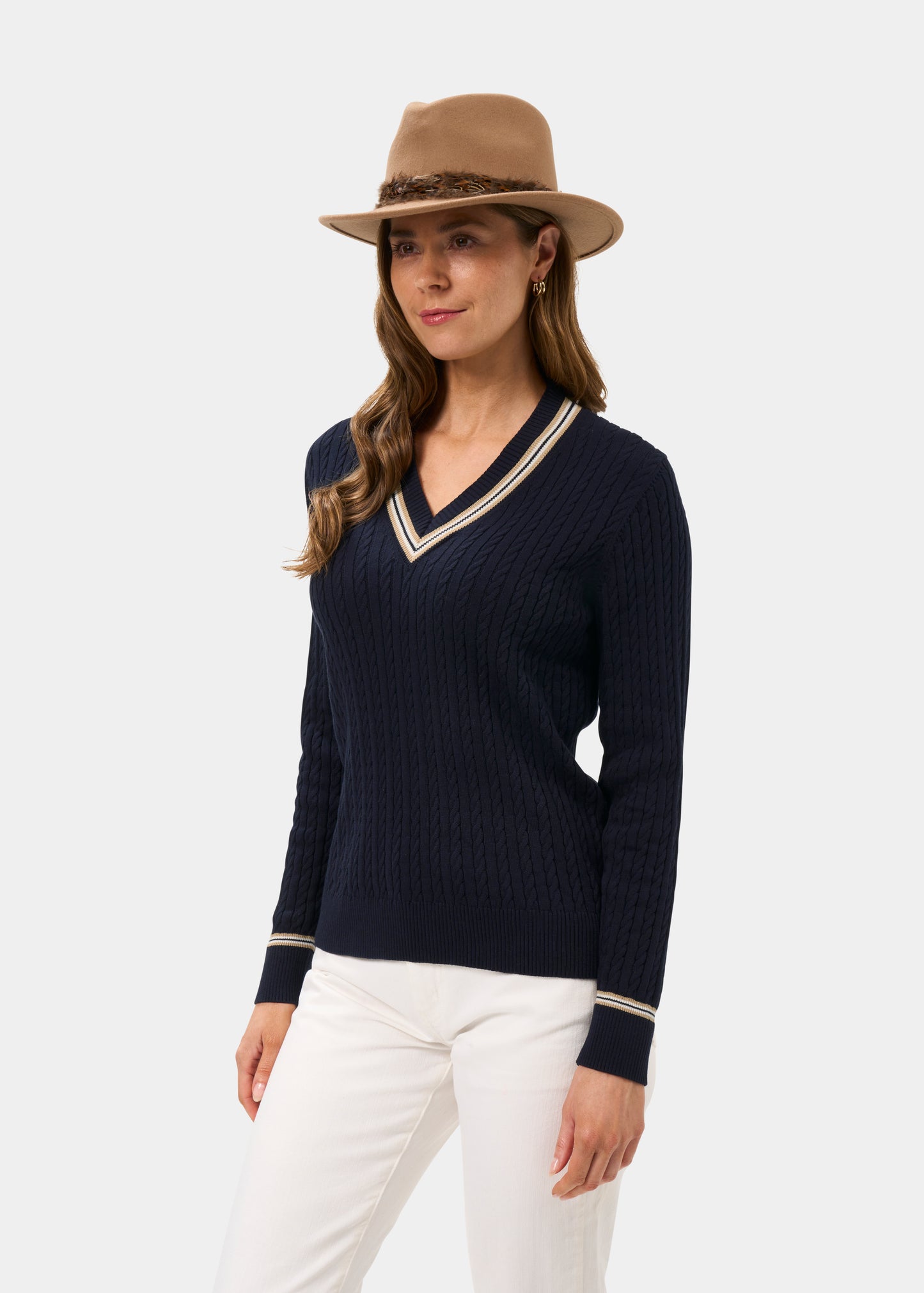 Ladies Cotton Cable Knit Cricket Jumper in Navy