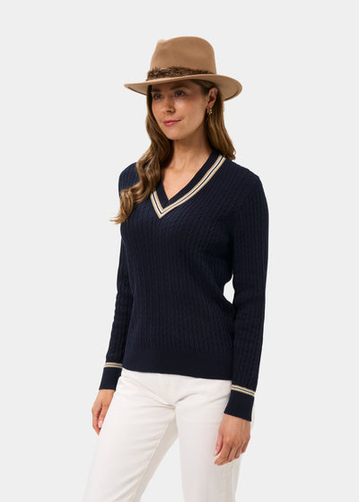 Ladies Cotton Cable Knit Cricket Jumper in Navy