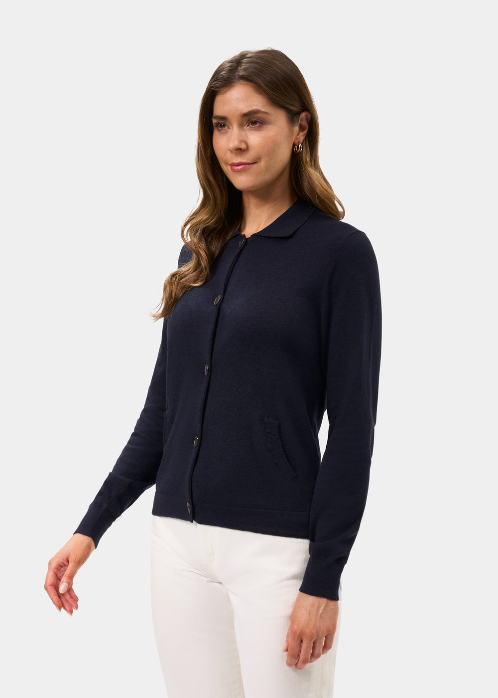 Womens Cardigan in navy blue cotton cashmere knit with button front and ribbed hem
