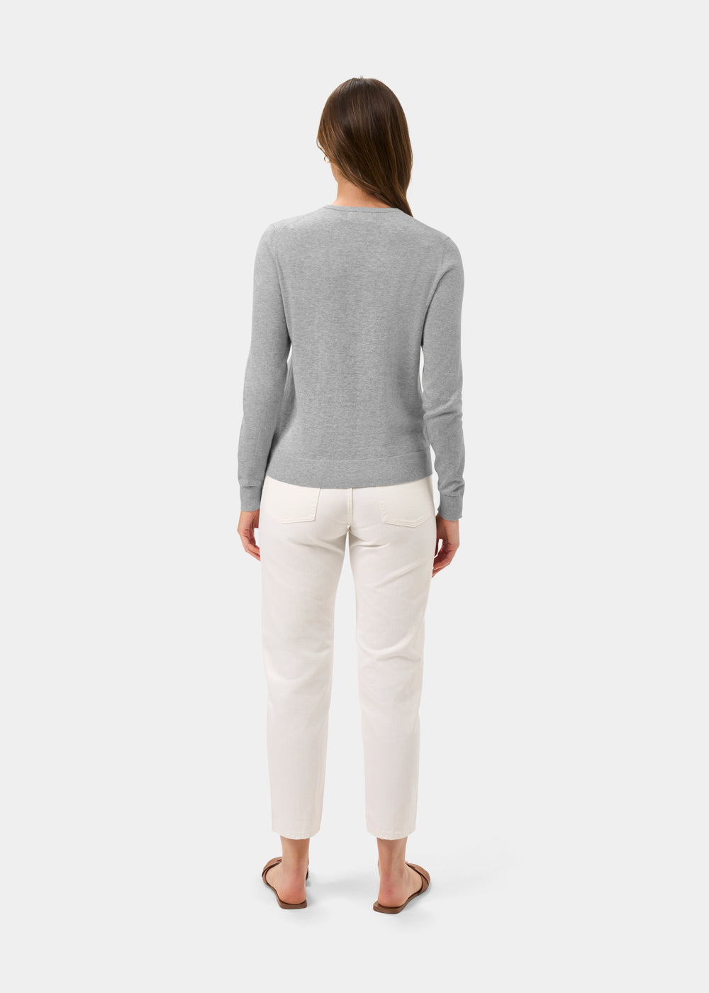 Ladies Cotton Cashmere Crew Neck Cardigan in Light Grey