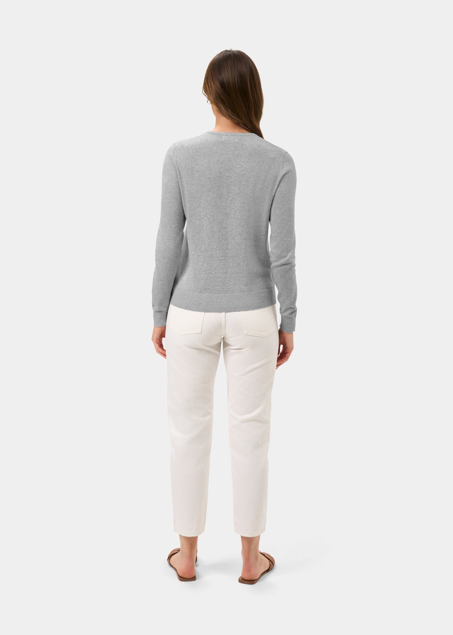 Ladies Cotton Cashmere Crew Neck Cardigan in Light Grey