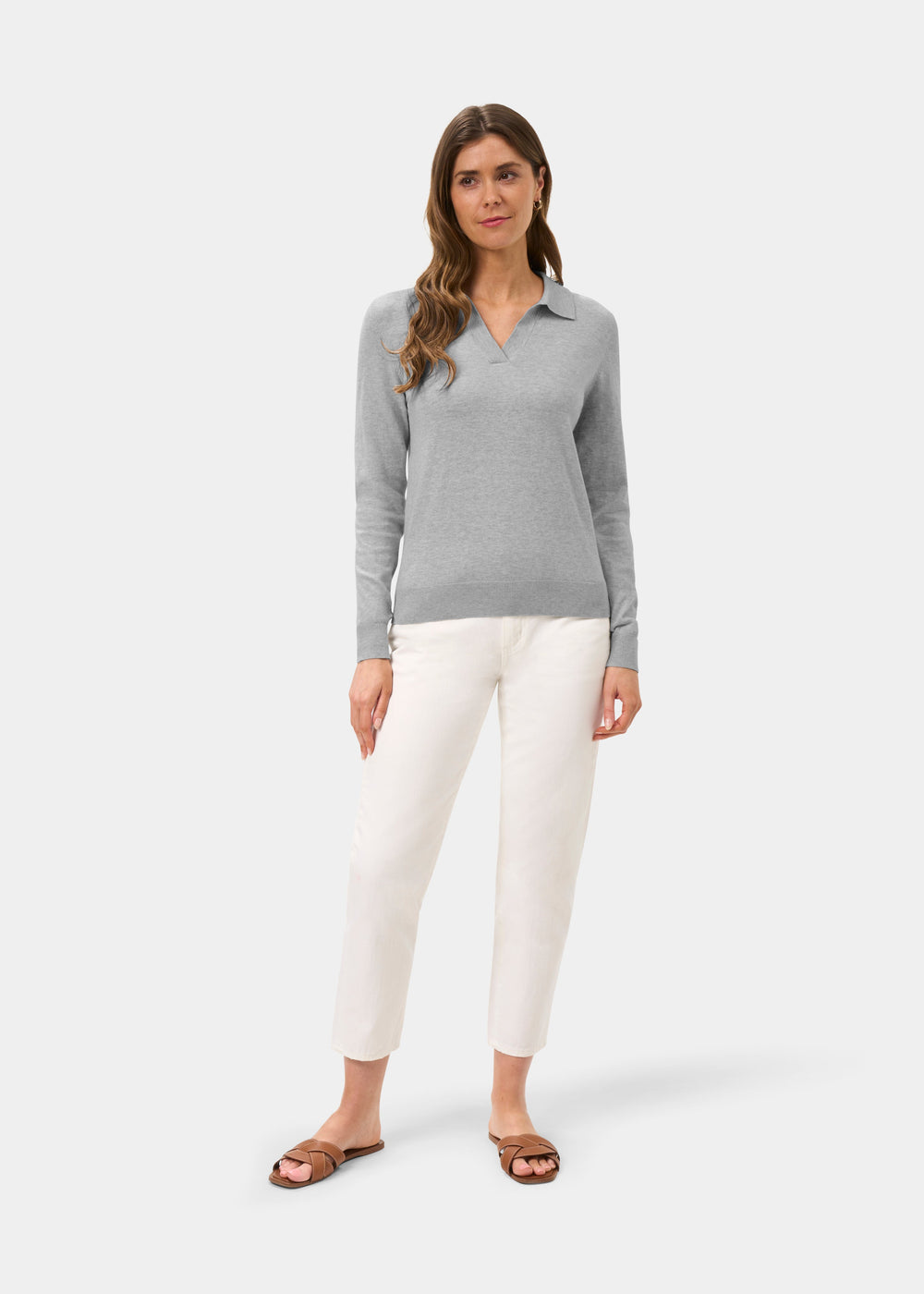 Ladies Cotton Cashmere Open Placket Jumper in Light Grey