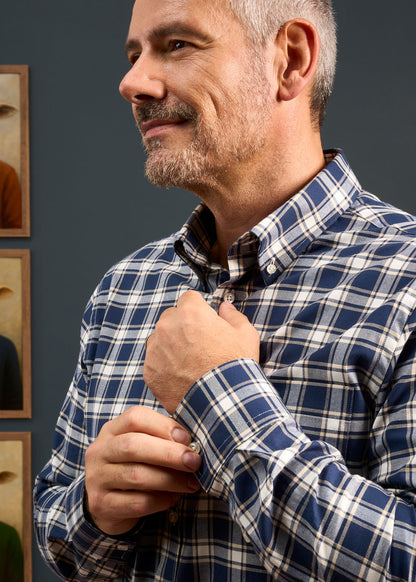 Men's Cotton Button Down Blue Check Shirt 