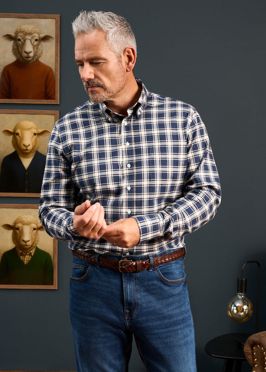 Men's Cotton Button Down Blue Check Shirt 