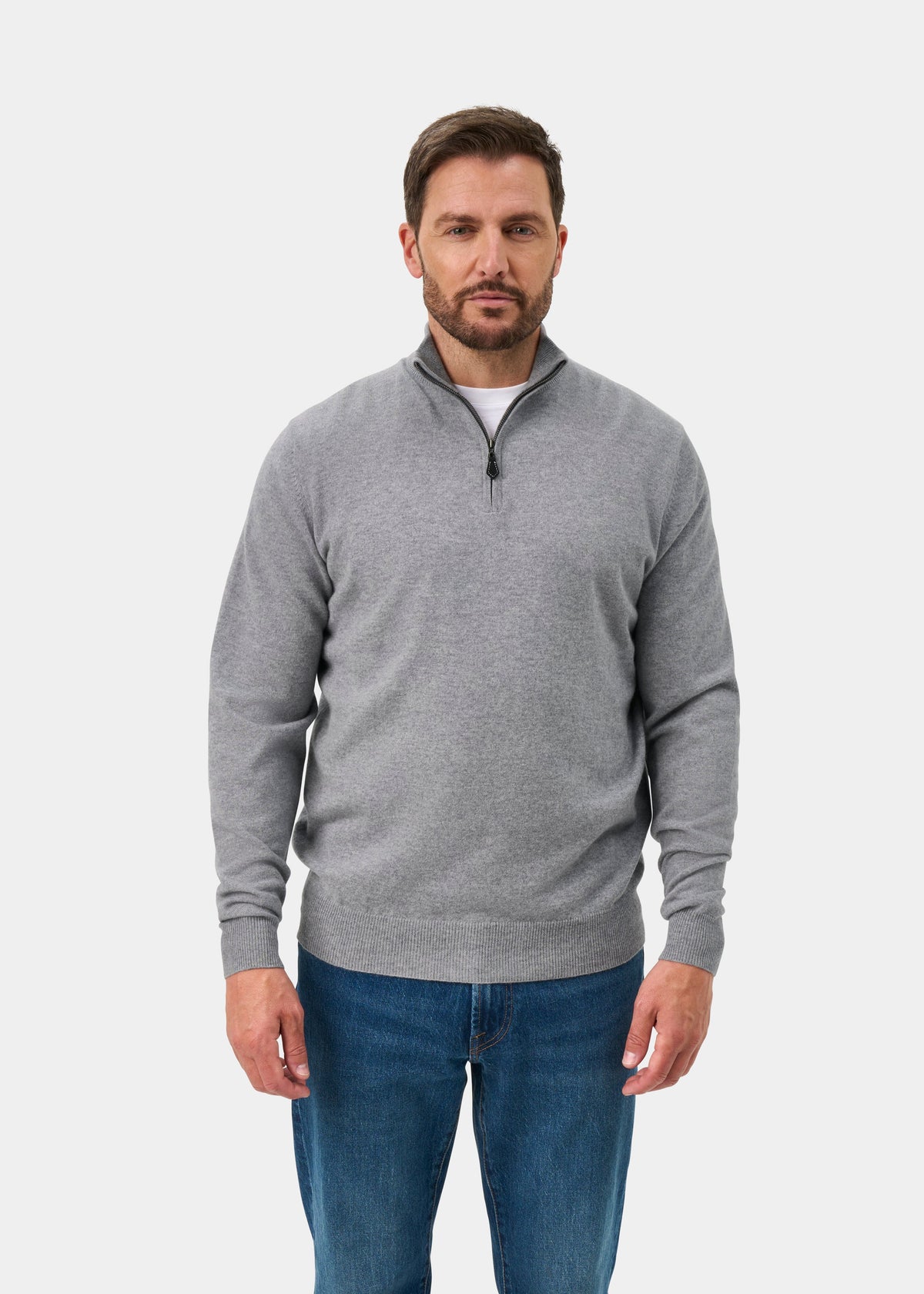 Hanbury Cashmere Zipped Mock Neck Jumper in Light Grey Mix - Regular Fit