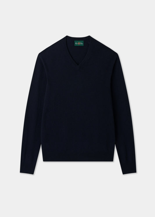 Men's Cashmere Vee Neck Jumper in Dark Navy