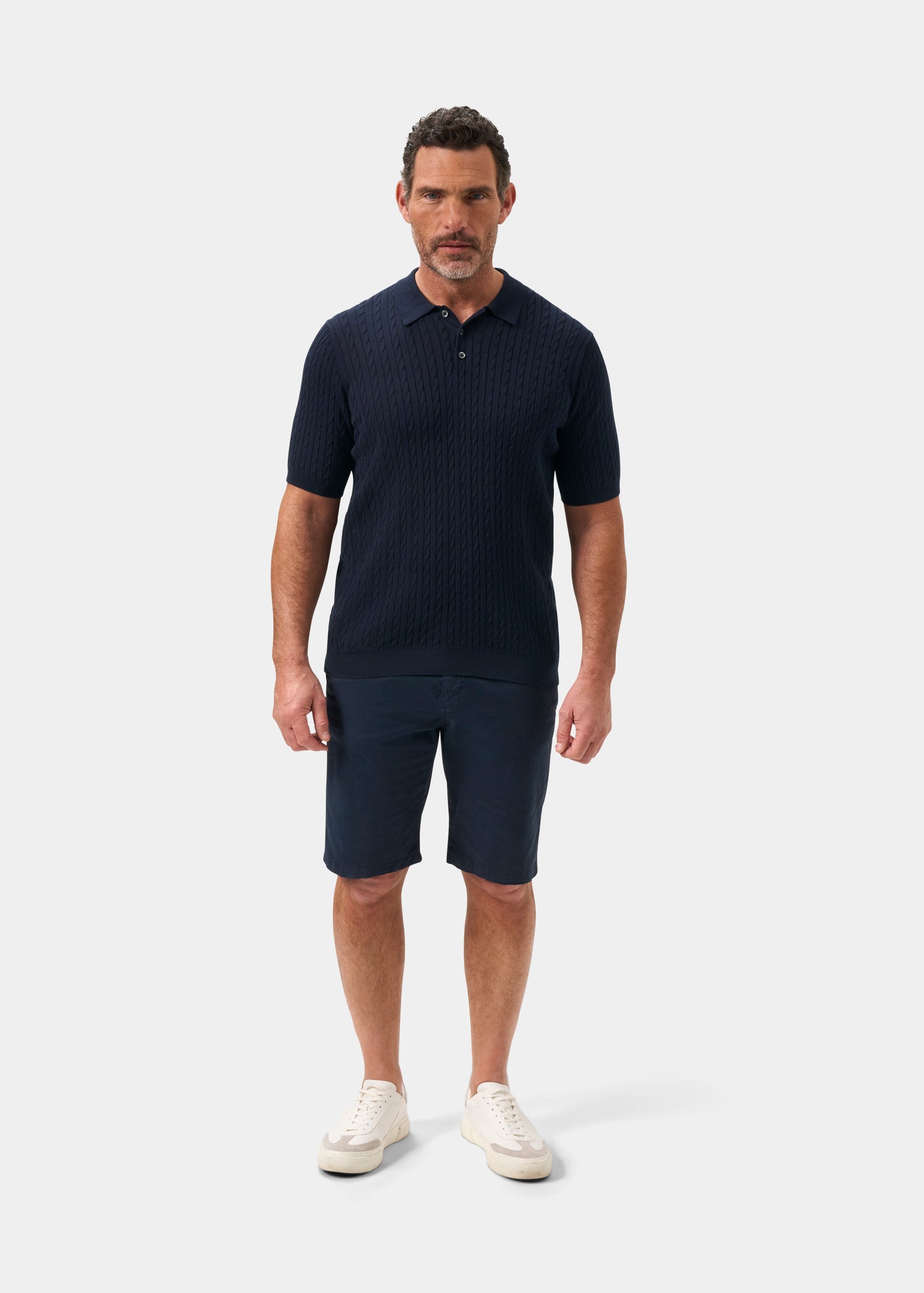 Men's Cotton Cable Polo Shirt in Navy