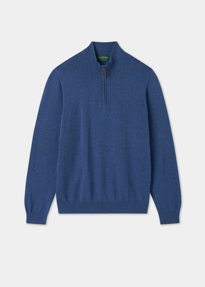 Mens Cotton Cashmere Quarter Zip Jumper in Indigo