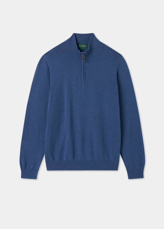 Mens Cotton Cashmere Quarter Zip Jumper in Indigo