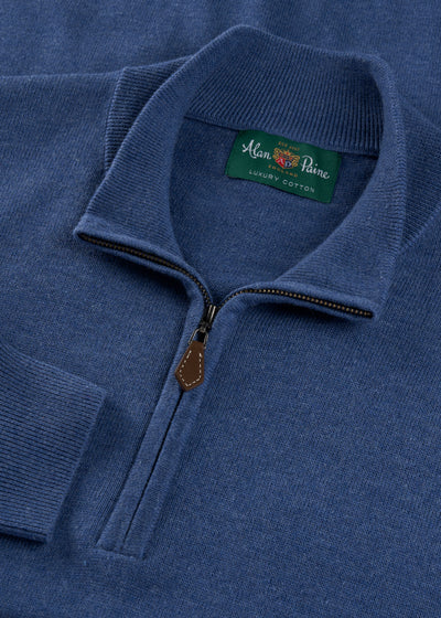 Mens Cotton Cashmere Quarter Zip Jumper in Indigo