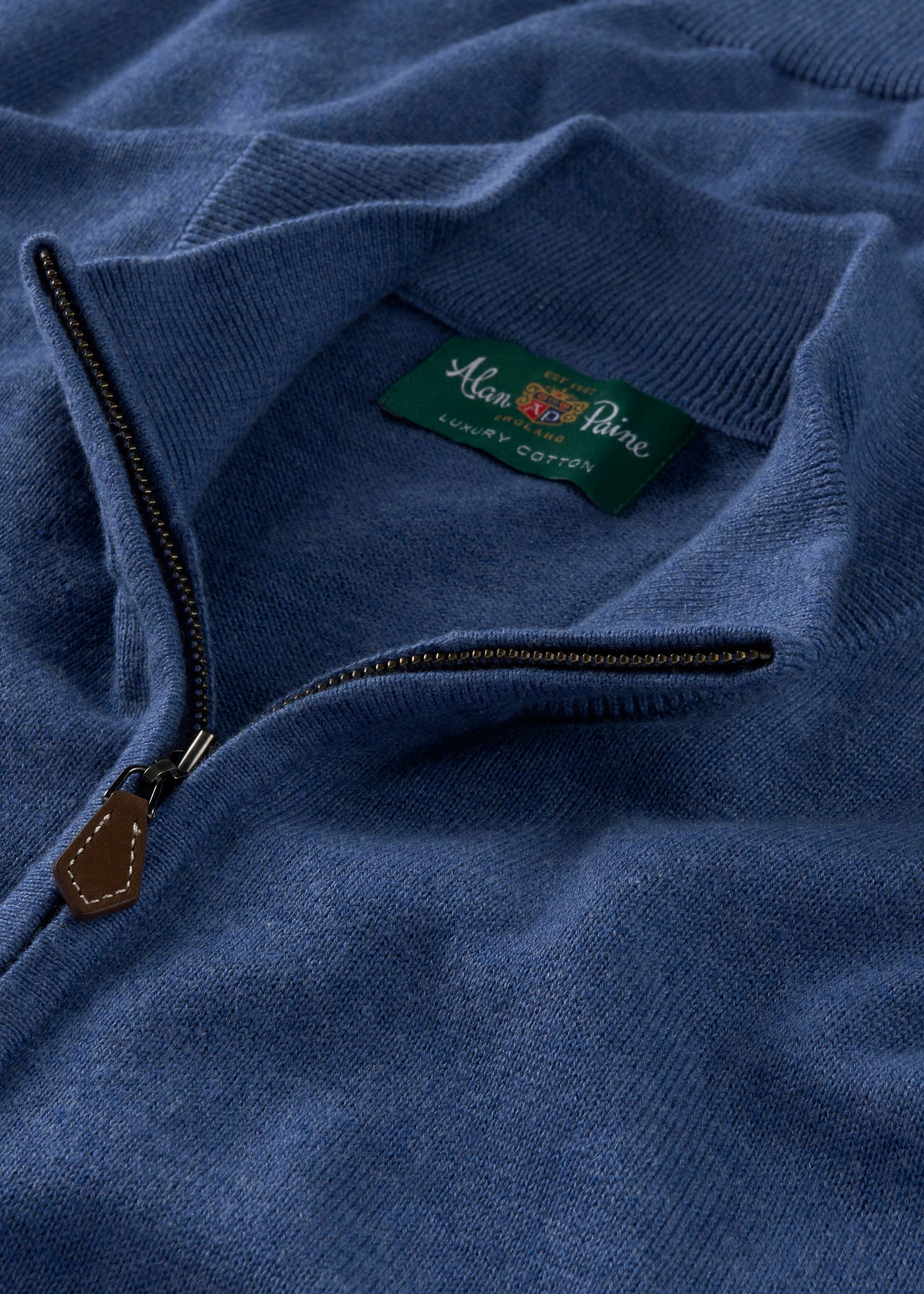 Mens Cotton Cashmere Quarter Zip Jumper in Indigo