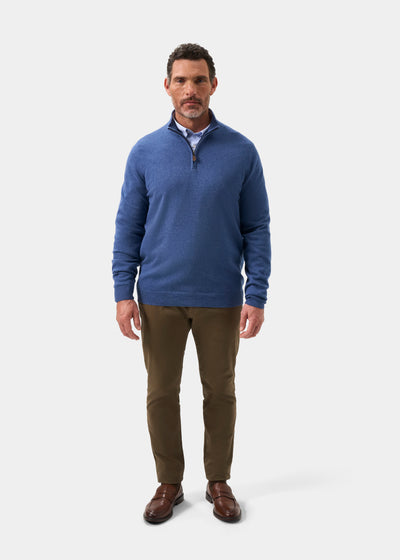 Mens Cotton Cashmere Quarter Zip Jumper in Indigo