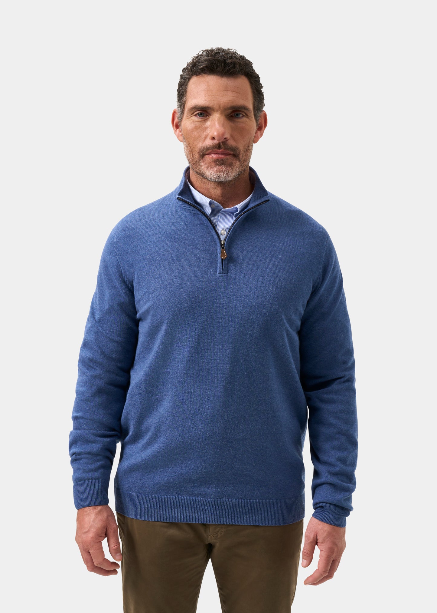 Mens Cotton Cashmere Quarter Zip Jumper in Indigo