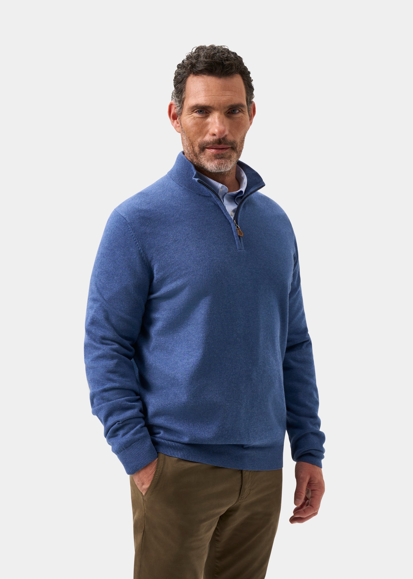 Mens Cotton Cashmere Quarter Zip Jumper in Indigo