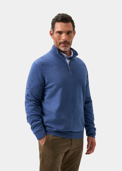 Mens Cotton Cashmere Quarter Zip Jumper in Indigo