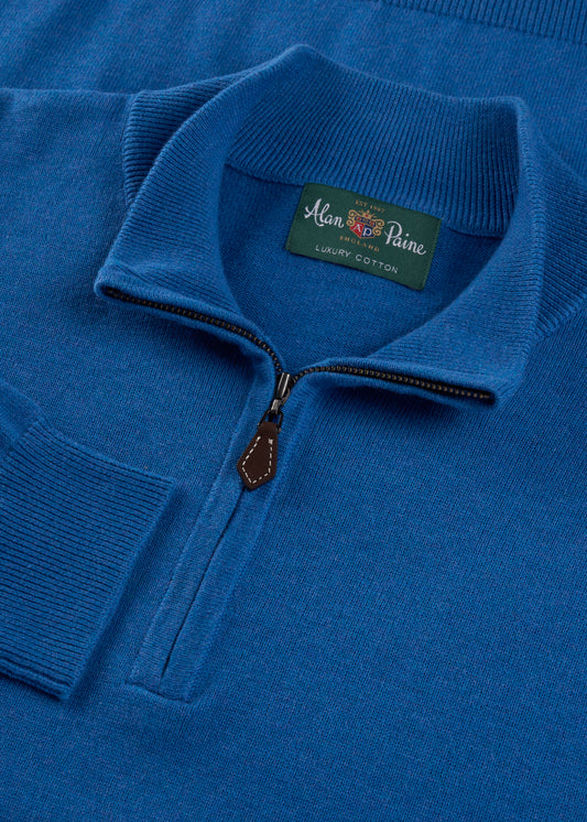 Mens Cotton Cashmere Quarter Zip Jumper in Blue