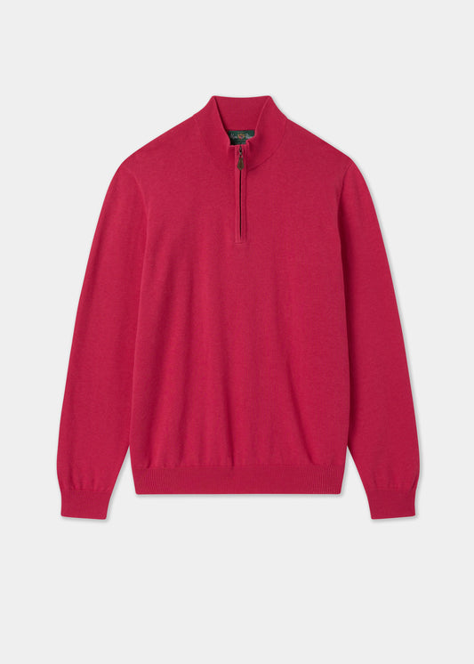 Mens Cotton Cashmere Quarter Zip Jumper in Raspberry Red