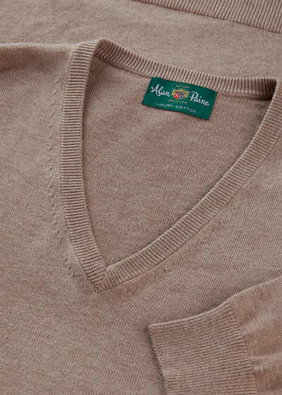 Men's Cotton Cashmere Vee Neck Jumper in Brown