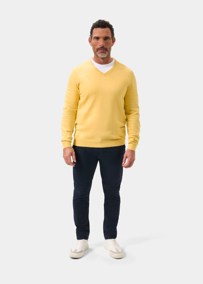 Men's Cotton Cashmere Vee Neck Jumper in Yellow