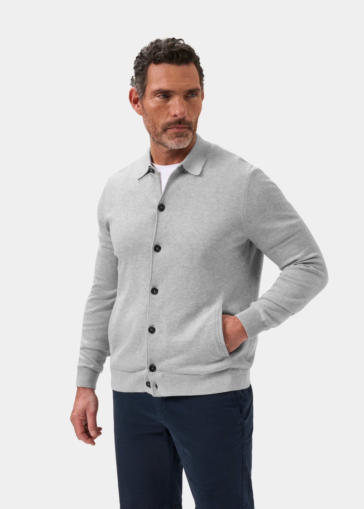 Men's Cotton Cashmere Collared Shirt in Light Grey